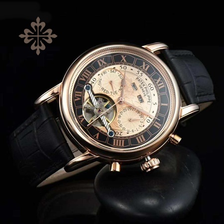 PATEK PHILIPPE GRAND COMPLICATIONS ROMAN FIGURES ROSE GOLD CASE BLACK-GOLD DIAL BLACK LEATHER STRAP-2