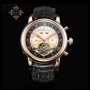PATEK PHILIPPE GRAND COMPLICATIONS ROMAN FIGURES ROSE GOLD CASE BLACK-GOLD DIAL BLACK LEATHER STRAP
