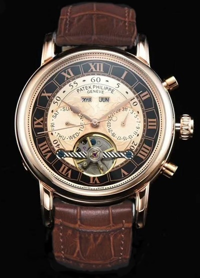 PATEK PHILIPPE GRAND COMPLICATIONS ROMAN FIGURES ROSE GOLD CASE BLACK-GOLD DIAL BROWN LEATHER STRAP-1