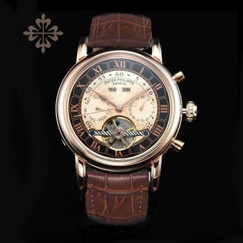 PATEK PHILIPPE GRAND COMPLICATIONS ROMAN FIGURES ROSE GOLD CASE BLACK-GOLD DIAL BROWN LEATHER STRAP