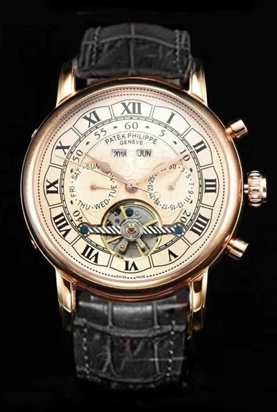 PATEK PHILIPPE GRAND COMPLICATIONS ROMAN FIGURES ROSE GOLD CASE ROSE GOLD DIAL BLACK LEATHER STRAP-1