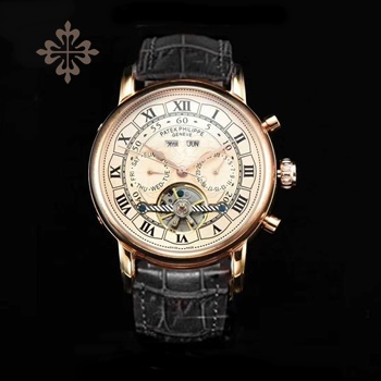 PATEK PHILIPPE GRAND COMPLICATIONS ROMAN FIGURES ROSE GOLD CASE ROSE GOLD DIAL BLACK LEATHER STRAP