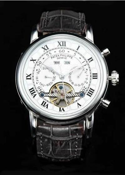 PATEK PHILIPPE GRAND COMPLICATIONS ROMAN FIGURES SILVER CASE BLACK-WHITE DIAL BLACK LEATHER STRAP-1