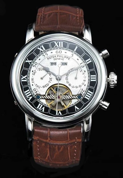 PATEK PHILIPPE GRAND COMPLICATIONS ROMAN FIGURES SILVER CASE BLACK-WHITE DIAL BROWN LEATHER STRAP-1