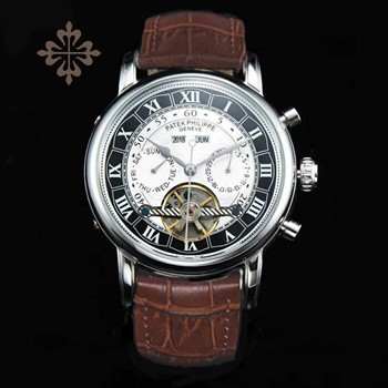 PATEK PHILIPPE GRAND COMPLICATIONS ROMAN FIGURES SILVER CASE BLACK-WHITE DIAL BROWN LEATHER STRAP
