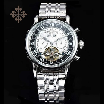 PATEK PHILIPPE GRAND COMPLICATIONS ROMAN FIGURES SILVER CASE BLACK-WHITE DIAL