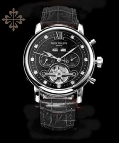 PATEK PHILIPPE GRAND COMPLICATIONS SILVER CASE BLACK DIAL LEATHER STRAP