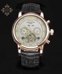 PATEK PHILIPPE GRAND COMPLICATIONS ROSE-GOLD CASE WHITE DIAL BLACK LEATHER STRAP